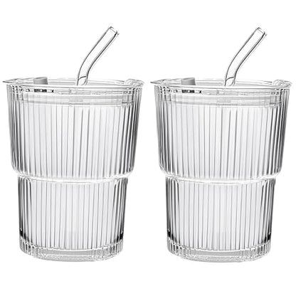 13oz/400ML Glass Tumbler with Straw and Lid Ribbed Vertical Ice Coffee Cups Sealed Carry on for Coffee Iced Tea, Thick Wall Glassware Tumbler Water Glass - color: 2Pack Clear-A