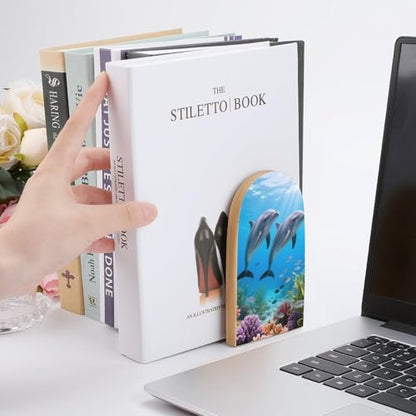 Dolphin Book Ends for Shelves - 2 Pack Handmade Wooden Bookends with Metal Base, Sturdy Book Holder for Heavy Books Modern Decorative Book Stopper for Home Office