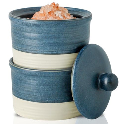 Hasense Salt Cellar Set, Ceramic Salt Box with Lid, 9 oz Stacked Salt Pepper Container for Countertop, Small Spice Bowls for Salt Pepper Sugar, Christmas Gift Ideas, Set of 2, Deep Blue - color: Deep Blue