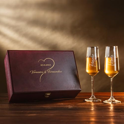 Personalized Champagne Flutes in Wooden Gift Box – Engraved Wedding Champagne Glass Set of 2, Custom Design & Name, Luxury Wedding Gift (Champagne Flutes-Box Set) - color: Champagne Flutes-Box Set