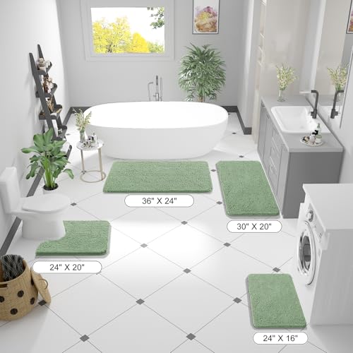 OLANLY Chenille Bath Mat and Bathroom Rugs Sets 2 Piece, Bath Mat Size 36x24 and Bathroom Rugs Sets Size 30x20+24x16 in Sage Green, 3 Item Bundle