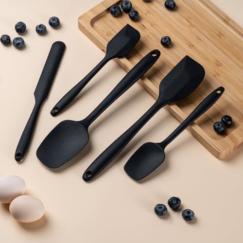 Silicone Spatula Set,5 Piece Food Grade Rubber Spatulas,Black | Spatulas Silicone Heat Resistant for Baking,Cooking,and Mixing High Heat Resistant Non Stick Dishwasher Safe BPA-Free - color: Black