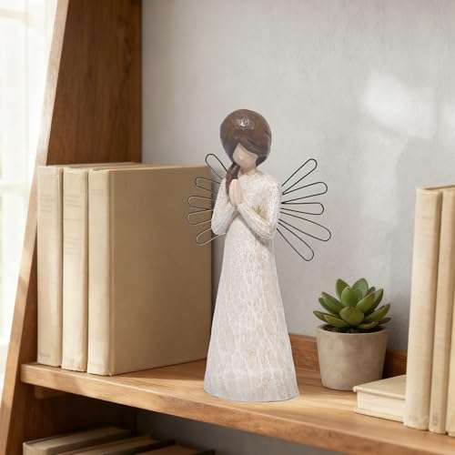Hodao Praying Angel Figurine, 5.1in Hand-Painted Resin, Rustic Wood-Carved Look with Metal Wire Wings, Small Tabletop Decor for Home Indoor, Spiritual Figurines & Ornaments, Sympathy Gift - style: Z-praying-small
