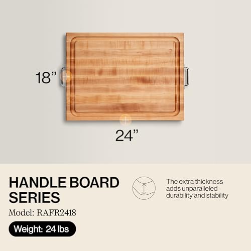John Boos Handle Boards Series Rectangular Wooden Maple Cutting Board 24”x18” – 2.25” Thick, 30-lb Reversible Butcher Block with Juice Groove, Edge-Grain & Metal Handles - color: Dark Maple, size: 24"L x 18"W