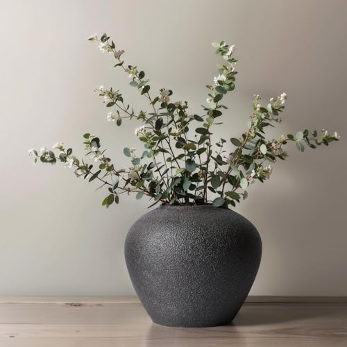 7.1″ Matte Black Ceramic Flower Vase, Tall Rustic Farmhouse Terracotta Vase for Pampas Grass & Branches - Distressed Minimalist Home Décor Floor Vase for Living Room, Entryway, Table Centerpiece - color: Textured Black