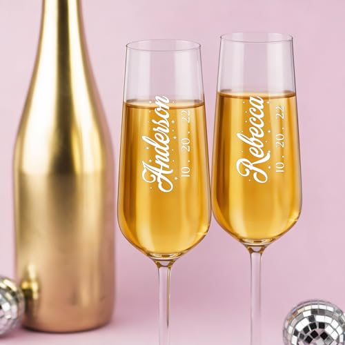 Personalized Champagne Flutes with Name – Script Engraved Champagne Glasses, Custom Name & Date, Wedding Anniversary Birthday Toast Glass (Champagne Flutes-D8) - color: Champagne Flutes-D8