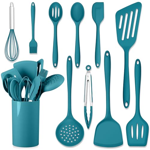 HaWare 11 PCS Silicone Cooking Utensils Set, Heat Resistant Kitchen Utensils with Holder, Food-grade Spatula Sets for Nonstick Cookware, Kitchen Tools Gadgets Include Fish Turner, Spoon (Blue) - color: Blue