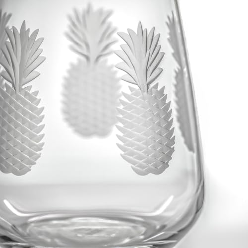 Rolf Glass Fresh Pineapple Stemless Wine Glass | 15.75oz Stemless Tumblers | Lead-Free and Diamond-Wheel Engraved | Tropical Coastal Etched Glassware with Pineapple Design | Set of 4 - color: Stemless, size: Set of 4