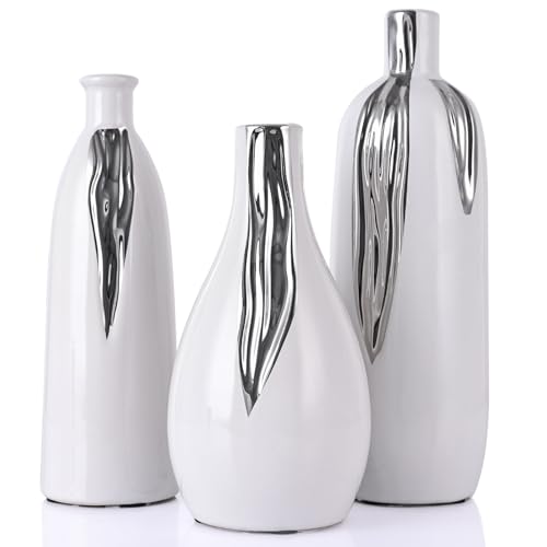 Ceramic Vase 3 Piece Set, White and Silver Vases for Home Decor, Decorative Vases for Mantels, Shelves and Entryway Decor, Dining Table Centerpieces, Living Rooms, Fireplaces and Kitchen Decor. - color: Ws-l