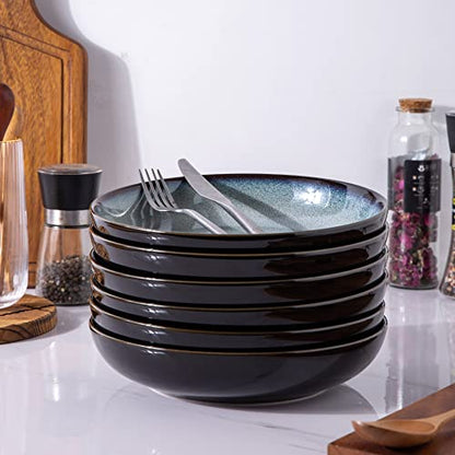 LERATIO 9.0" Ceramic Pasta Bowls Set of 6,38oz Large Stoneware Bowls Set | Reactive Glaze Serving Bowls Set,Wide Bowl for Pasta,Salad,Fruit & Noodles,Housewarming & Wedding Gift-Gray White - color: Gray Blue, size: Set of 6