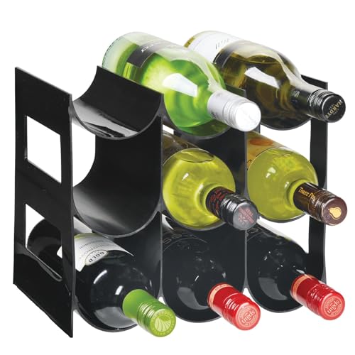 mDesign Plastic Water Bottle Organization/Wine Rack Storage Organizer for Kitchen Countertops, Cabinet, Bin, Pantry, Fridge, Refrigerator, 3 Tiers, 9 Bottles, Lumiere Collection - Black - color: Black