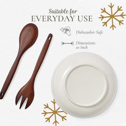 Spode Christmas Tree Polka Dot Serving Bowl & Wooden Servers - Set of 3 | Hand Painted Earthenware 10" Salad Bowl & Acacia Wood Servers for Pasta, Salads, Side Dishes & Holiday Entertaining