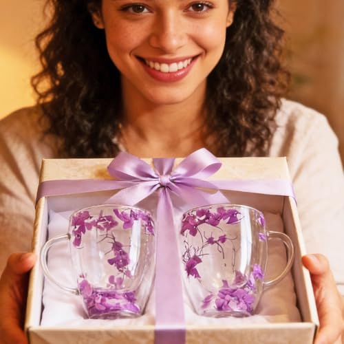 Viovian 13oz Double Wall Glass Coffee Mugs Set of 2 Insulated Glass Coffee Cups with Handles,Clear Dried Flower Tea Mug for Hot Beverages,Tea Cup Women Birthday Gifts - color: 13oz double wall glass mugs set of 2（Purple Hydrangea）