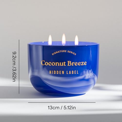 Hidden Label Coconut Breeze Candle, 18oz 3-Wick Soy Wax | 75+ Hour Burn | Tropical Shore Blend | Non Toxic Plant Wax | Triple Flame Even Melt | Housewarming Ready - color: Coconut Breeze