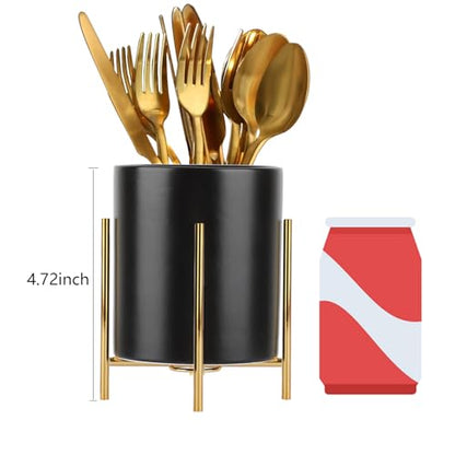 2pcs Sturdy Cutlery Holder White Ceramic With Metal Bracket Robust Silverware Caddy For Countertop - Spoon Holder Silverware Caddy - color: Black gold, size: S