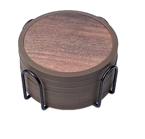 Absorbent Coasters for Drinks with Holder - 6packs, Silicone Coaster with Soft Felt Insert (4.3 inch Coasters with 4.5 inch Holder, Wooden Style) - color: Wooden Style