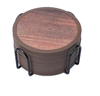 Absorbent Coasters for Drinks with Holder - 6packs, Silicone Coaster with Soft Felt Insert (4.3 inch Coasters with 4.5 inch Holder, Wooden Style) - color: Wooden Style