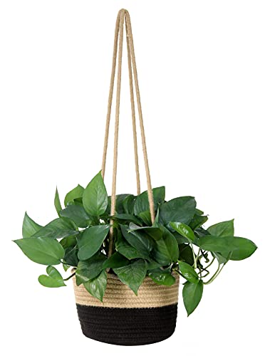 Hanging Planter Basket Jute Rope Woven Plant Hangers Indoor Hanging Plant Holder Up to 7" Pot Macrame Modern Storage Organizer Home Decor (Jute-Black) | Indoor plant hangers with macrame design. Modern storage organizer for home decor. Woven jute rope, pe