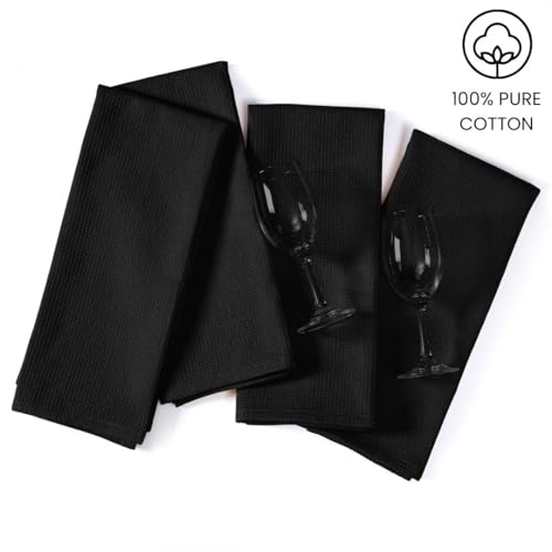 Waffle Kitchen Towels Large 16x26 inch 100% Cotton Set of 4 - Soft Absorbent Washable Tea Towel for Kitchen - Dish Cloths Quick Drying - 320 GSM Quality Dish Towels Black - color: Black
