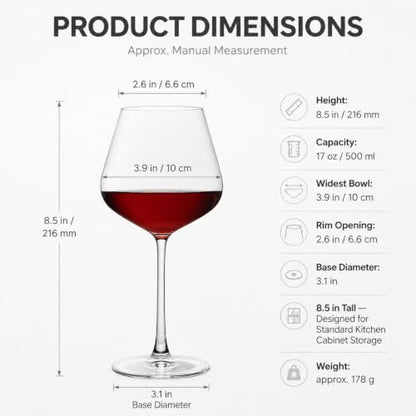 Pinot Noir Wine Glasses Set of 4, Burgundy Crystal, Thin Stem | 17 oz Wide Bowl, Hand Blown, Lead-Free, Laser Cold-Cut 1mm Rim, Seamless Solid Stem, Dishwasher Safe, Protective Gift Box