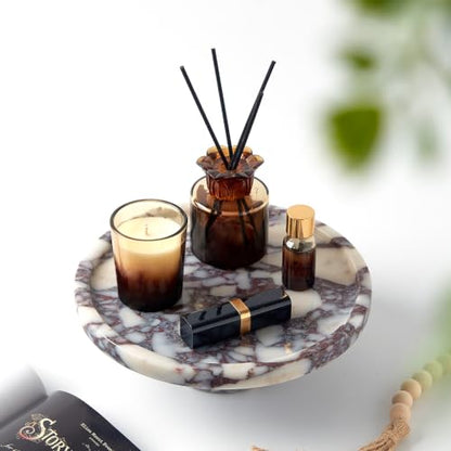 Luxury Natural Marble Pedestal Tray for Dresser Jewelry Home Decor | Calacatta Viola marble vanity tray organizes perfumes, skincare and toiletries for bathroom countertops and vanity spaces - size: 9.8"