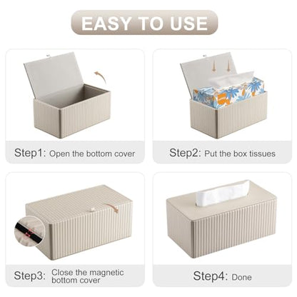 PU Leather Tissue Box Cover Rectangular Tissue Box Holder with Magnetic Bottom, Napkin & Facial Tissue Holder Dispenser for Home, Office for Standard 120-count/160-count (2-Ply) Beige Stripe - color: Beige Stripe