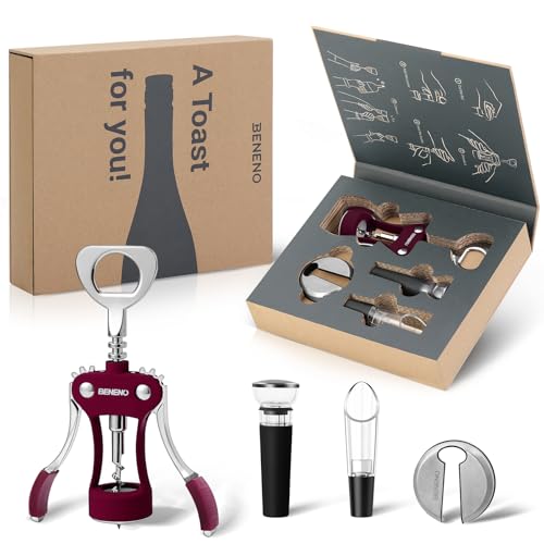Beneno Corkscrew Wine Bottle Opener Accessories Gift Set, Wine Red | Multifunctional Wing Corkscrew Bottle Opener, Foil Cutter, Vacuum Stopper & Aerator Pourer, Perfect for Man Woman - color: Wine Red