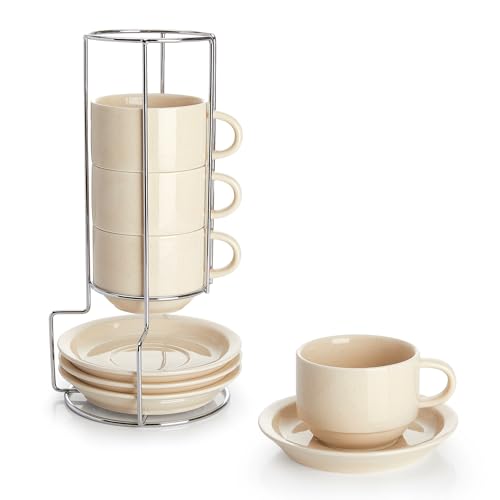 Sweese 8oz Porcelain Cappuccino Cups Set with Saucers, Metal Stand - Stackable, Durable for Coffee, Latte, Tea - Beige, 4 Pack - color: Beige, size: 8 Ounces
