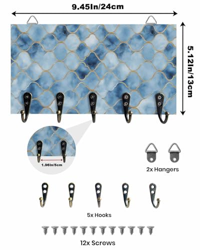 Key Holder for Wall Ombre Blue White Marble Decorative Hanging Key Rack Wall Mount with 5 Hooks Lattice Modern Art Organizer Wall Decor for Entryway Front Door Kitchen 9.4x5in