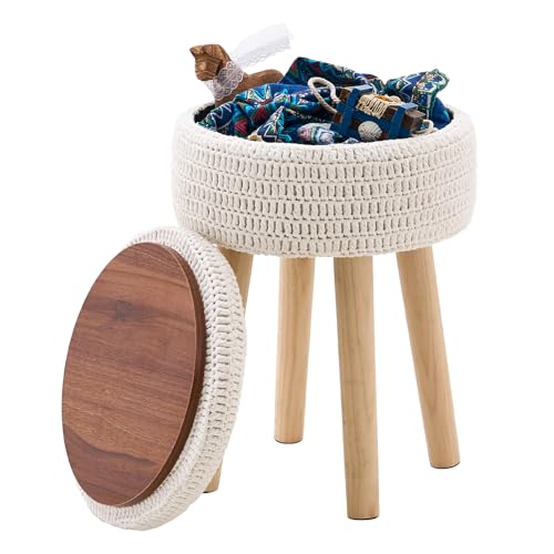 Wimarsbon Pouf Ottoman, 100% Cotton Knitted Boho Footstool, Round Footrest with Non-Skid Wood Legs, Home Décor Handmade Pouffe, Leisure Floor Step Stool for Living Room (High Storage Beige) - color: High Storage Beige