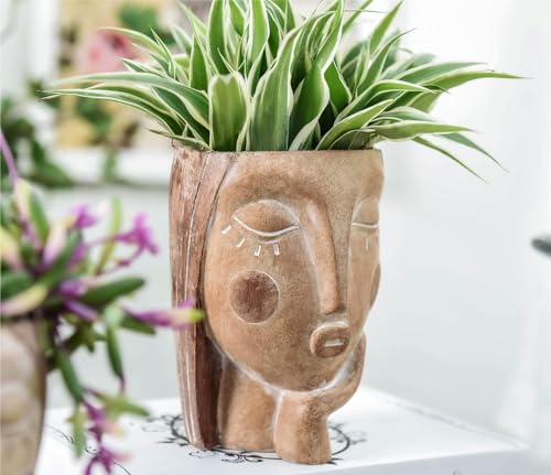 Saysmile Head Planters for Indoor Plants, Face Flower Pot Head Planter Succulent Planters Unique Face Planter with Drainage Hole - Rustic Thinking Girl Closed Eyes - color: Thinking - Rustic
