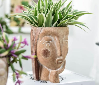Saysmile Head Planters for Indoor Plants, Face Flower Pot Head Planter Succulent Planters Unique Face Planter with Drainage Hole - Rustic Thinking Girl Closed Eyes - color: Thinking - Rustic