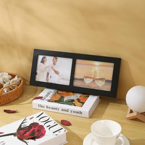 6x4 2-Opening Collage Picture Frame Black Wood | Two 4x6 openings, shatter-resistant glass, tabletop & wall mount - size: 6x4 - 2 Opening