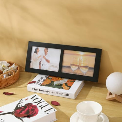 6x4 2-Opening Collage Picture Frame Black Wood | Two 4x6 openings, shatter-resistant glass, tabletop & wall mount - size: 6x4 - 2 Opening
