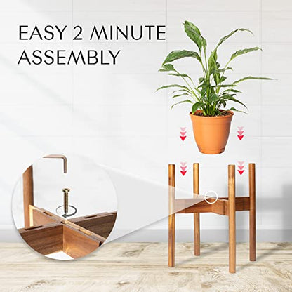 Adjustable Solid Acacia Wood Plant Stand for Indoor Plants, Fits 8-12" Pots | Furniture-grade solid acacia wooden plant stand with adjustable width to fit 8–12 inch pots - color: Hardwood