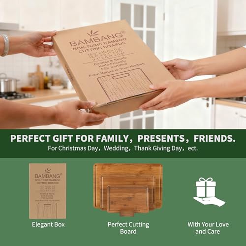 BAMBANG Bamboo Cutting Board, Dark Carbonized Chopping Boards Set of 3 with Stand, Butcher Block with Deep Juice Groove, Non-Toxic Wooden Cutting Boards for Kitchen Meal Prep & Serving - color: Dark