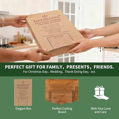 BAMBANG Bamboo Cutting Board, Dark Carbonized Chopping Boards Set of 3 with Stand, Butcher Block with Deep Juice Groove, Non-Toxic Wooden Cutting Boards for Kitchen Meal Prep & Serving - color: Dark