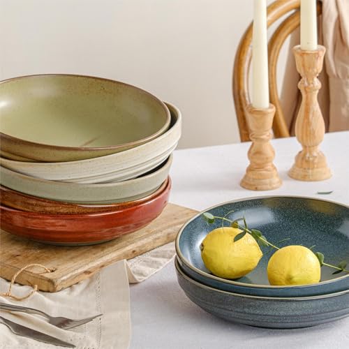HAPPY KIT 9'' Pasta Bowls, 42oz, Stoneware Set of 4, Ivory | Large Salad Bowl, Ceramic Serving Bowls, Double Reactive Glaze, Ideal for Housewarming, Festivals, Microwave Safe - color: Ivory