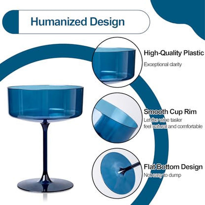Ciaell 12 Pack Blue Plastic Martini Glasses for Bars Parties | 10 oz Blue Coupe Cocktail Cups, Heavy Duty Plastic, Cocktails Whiskey Margaritas Wine for Weddings Birthdays Anniversaries - color: Basic Blue