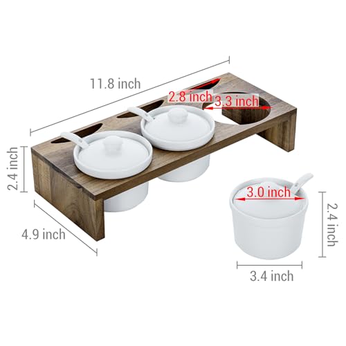 MyGift 10 Pcs Condiment Pot Serving Dish Set, Hosting Essentials, Premium Acacia Solid Wood Raised Display Server Tray and 3 Ceramic Ramekin Dip Bowls with Lids and Spoons - color: Acacia