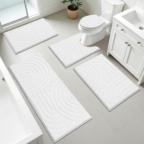 Pauwer Bathroom Rugs Sets 5 Piece, Absorbent Non Slip Bath Mat Set, White | Machine Washable, Microfiber Plush, Quick Dry Runner, U Shaped Contour Toilet Rugs, Shower Mats and Toilet Lid Cover - color: White