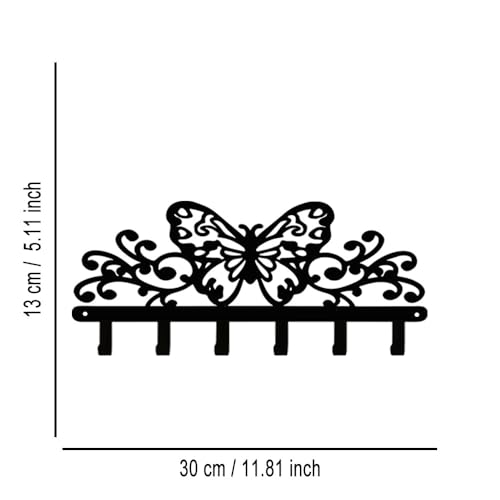 Butterfly 6‑Hook Black Metal Wall Rack, Entryway Organizer for Keys Coats Hats Towels Decor
