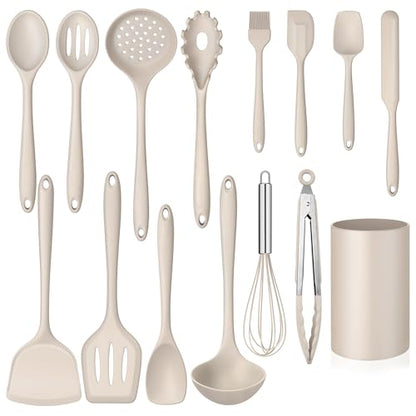 Homikit 15-Piece Kitchen Cooking Utensil Set, Silicone Utensils with Holder | Kitchen Gadgets Tools include Slotted Spatula Ladle Turner for Nonstick Cookware, Heat Resistant & Dishwasher Safe, Khaki