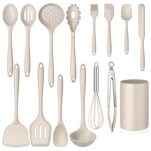 Homikit 15-Piece Kitchen Cooking Utensil Set, Silicone Utensils with Holder | Kitchen Gadgets Tools include Slotted Spatula Ladle Turner for Nonstick Cookware, Heat Resistant & Dishwasher Safe, Khaki