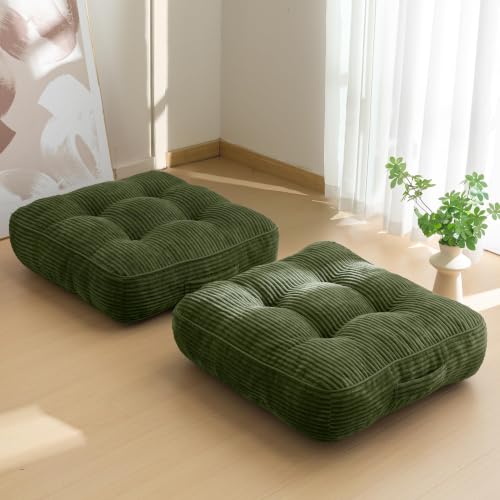 HIGOGOGO 6" Extra Thick Floor Pillow Cushion for Adults, Meditation Cushion Pillow, Large Square Floor Sitting, Tufted Corduroy Cover, for Tatami Living Room or Yoga, 22x22 Inch, 2Pack, Dark Green - color: Square Dark Green, size: 6" Thick(Pack of 2)