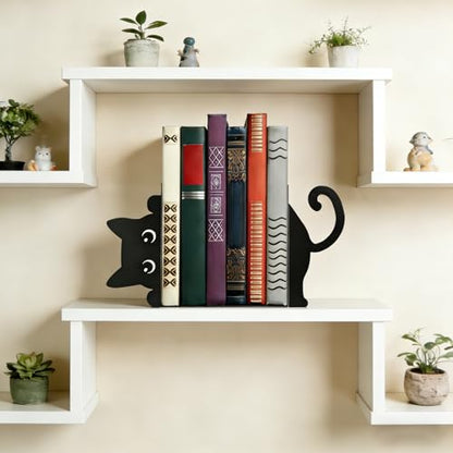 Peekaboo Cat Bookends for Shelves, Black Metal Decorative Book Ends, Heavy Duty Book Stoppers for Home & Office Desk, Ideal Gift for Cat Lovers & Book Lovers - style: Cute Cat