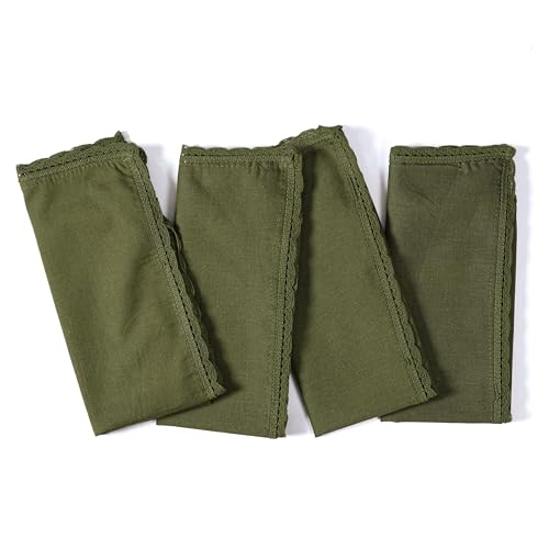 Ramanta Home Olive Green Linen Flax Cloth Napkins Set of 4, 18x18 Inches | Flax Lace Cotton Linen Reusable Decorative Scalloped Dinner Napkins with Mitered Corners for Weddings, Everyday Use - color: Olive Green, size: 18" x 18" (Set of 4)
