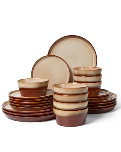 Dinnerware Set for 8, Ceramic Dish Sets, Plate and Bowl Set, Microwave & Dishwasher Safe Dishware Set, Chip & Scratch Resistant Dinner Set, One-of-a-Kind Design, Amber Brown - color: Amber Brown, size: Service for 8-24Pcs