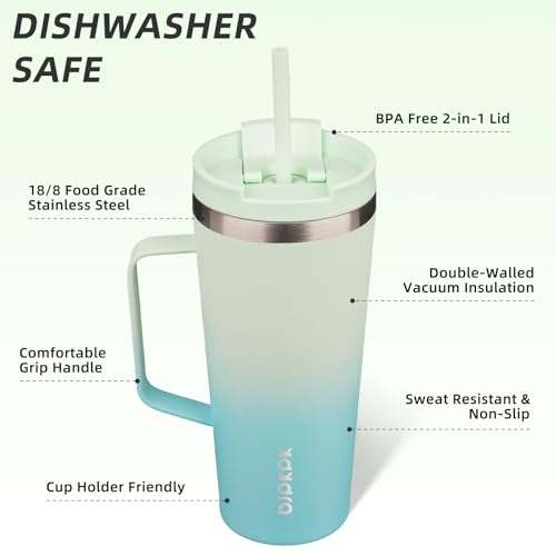 BJPKPK 22oz Insulated Tumbler with Handle, Lid & Straw, Stainless Steel | Double Wall Vacuum Insulated Coffee Travel Mug - Keeps Cold & Hot, BPA Free, Cupholder Fit for Office, Gym & Travel - color: Mint, size: 22 Ounces