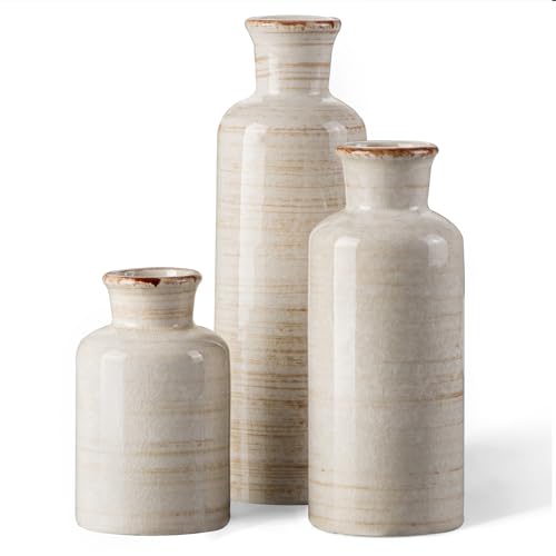 White Rustic Ceramic Vase Set of 3, Farmhouse Vase for Home Decor | Decorative Flower Vases Living Room Kitchen Table Centerpieces, Bookshelf Mantel Entrance - color: Ivory